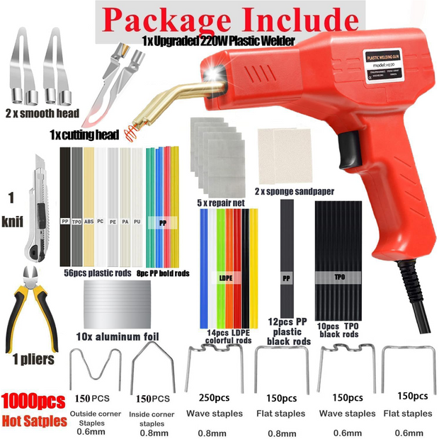 220W Plastic Welder Kit – 2-in-1 Plastic Welding & Repair Tool with 1000PCS Staples + 100PCS Welding Rods